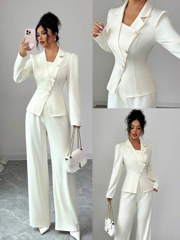 Elenzga Women's Vintage European Style Elegant Pearl Button Long Sleeve Business/Office Blouse With Lapel Collar, 2 In 1 Design, Metal Pearl Buttons, Suitable For Parties, Holidays, Christmas, Halloween, Commuting, Dates, Casual Wear, Elegant 2-Piece Set