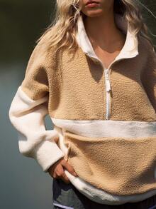 Medorelle Women's Winter Stand Collar Half-Zip Contrast Color Patchwork Sherpa Fleece Loose Drawstring Sweatshirt - Apricot - View 3