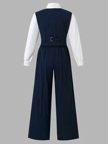 SHEIN Tween Girls Casual T-Shirt & Pants Set - Navy Blue - View 2