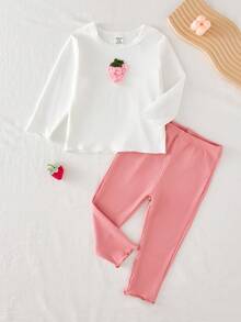 2 件套女婴家居服套装，长袖上衣和裤子，可爱的罗纹面料，白色上衣搭配粉色裤子和心形刺绣 - 粉色 - 查看 4