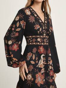 CAJUNI Women's Casual V-Neck Long Sleeve Black Floral Print Short Dress, Suitable For Dates And Vacations, Autumn  Women Dresses Autumn Winter Elegant Dresses For Women - Multicolor - View 8