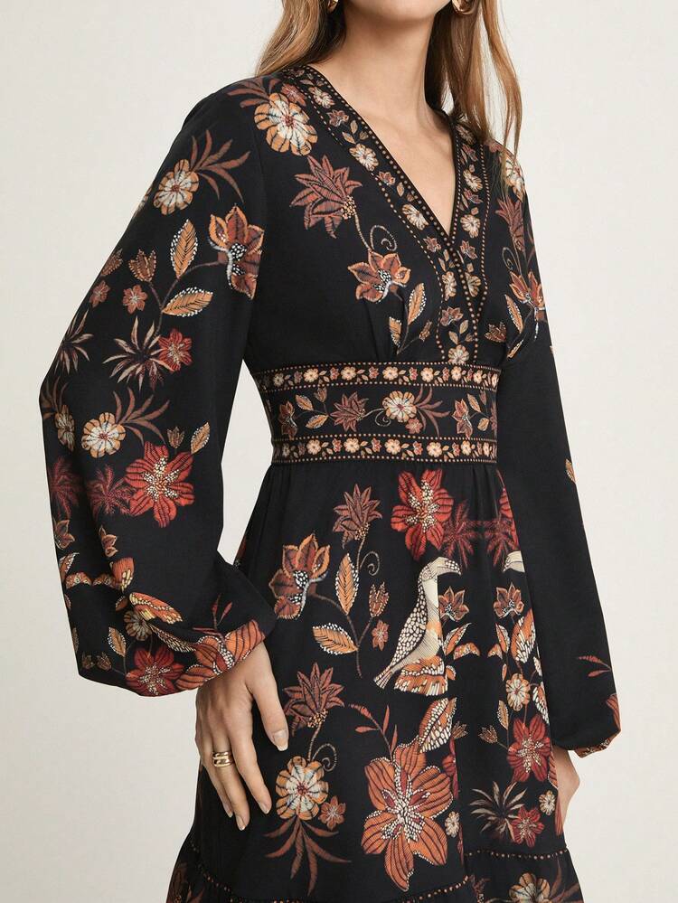 CAJUNI Women's Casual V-Neck Long Sleeve Black Floral Print Short Dress, Suitable For Dates And Vacations, Autumn  Women Dresses Autumn Winter Elegant Dresses For Women - Multicolor - View 8