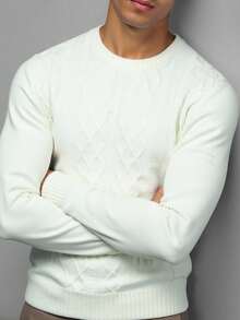 Manfinity Mode Jersey de punto de unicolor casual para hombres, suéter de otoño/invierno para hombres color crema