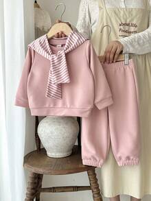 SHEIN Genkimix Kids 2pcs/Set Young Girls Casual Sweatshirt And Pants Co-Ord Set - Pink - View 1