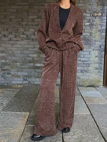 DAZY Women's Deep V-Neck Jacket And Straight Leg Pants Casual 2 Pieces Set - Brown - View 1