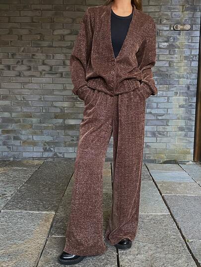 DAZY Women's Deep V-Neck Jacket And Straight Leg Pants Casual 2 Pieces Set