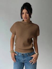 Aloruh Women's Solid Color Stand Collar Short Sleeve Casual Loose Knit Sweater - Brown - View 3