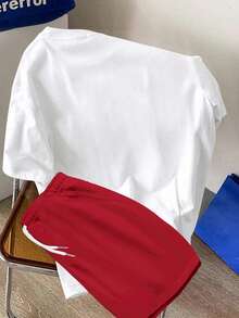 Manfinity Joysei Camiseta de Manga Curta com Gola Redonda e Estampa de Letra e Palmeira e Shorts Casuais Diários para Homens - Multicolorido - Visão 2