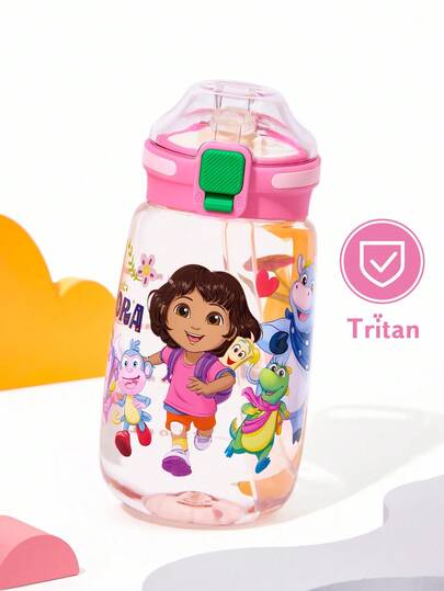 DORA | SHEIN 16 Oz / 500 Ml Cartoon Pattern Water Bottle With Silicone Straw And Spill-Proof Lid,Suitable For Travel, Tourism, And School ,Tritan ,