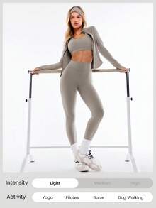 GLOWMODE FeatherFit™ Studio Ready Zipper Pockets Slim Fit Long Sleeve Thumbholes Active Jacket Low Impact Yoga Pilates Studio Gym Daily - Khaki - View 7