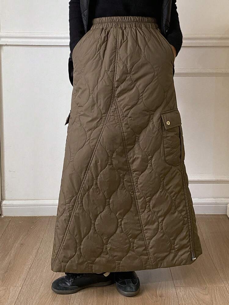 Solid Color Quilted Elastic Waist Long Cargo Pocket Outdoor Casual Skirt For Women, Autumn/Winter