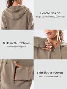 GLOWMODE Modal Fleece Power Zip Side Pockets Hoodie Long Sleeve Sweater With Thumbholes Daily Casual - Olive Green - View 3