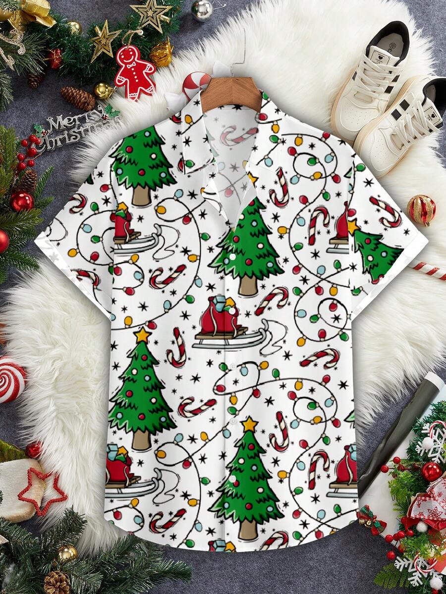 Manfinity Roghcode 男士休闲圣诞灯和树印花白色修身短袖衬衫 - 彩色 - 查看 1