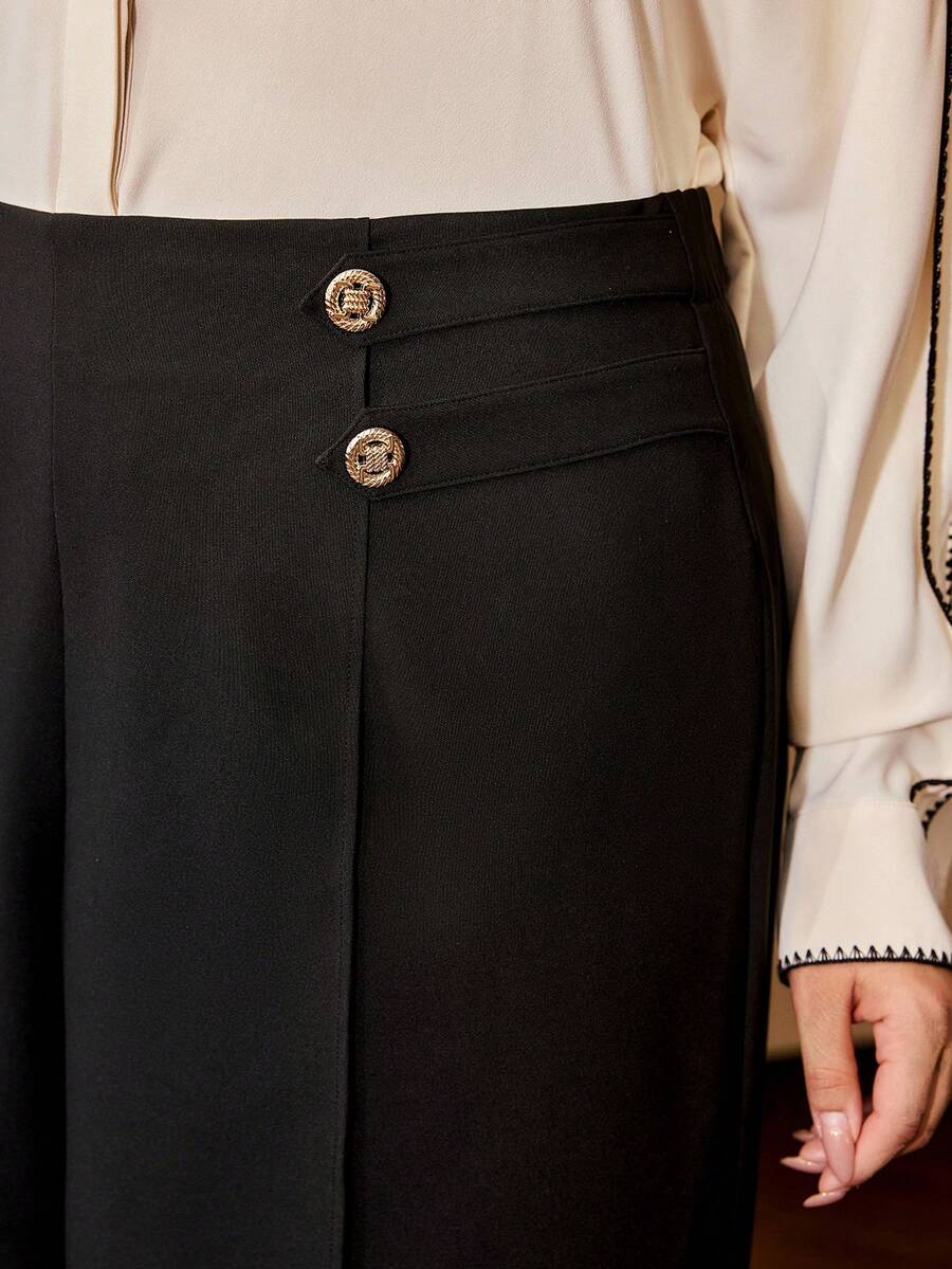 MOTF PREMIUM PLUS ELEGANT PINTUCK BUTTON DECOR PANTS - Black - View 2