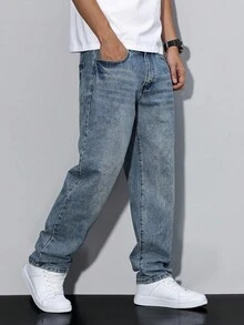 Manfinity Homme 男式休闲石洗锥形牛仔裤 - 淺色水洗藍 - 查看 4