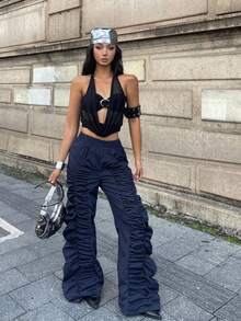 Coolane Women's Fall Streetwear Concert Rave Festival Going Out Renaissance Fair Clubs Pleated Navy Blue Straight Pants - Navy Blue - View 6