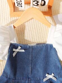 SHEIN Playful Pals 女童夏季韩版3D蝴蝶结牛仔连衣裙，适合女童休闲日常穿着和校服 - 淺色水洗藍 - 查看 5