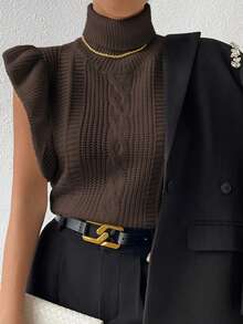 Rafferiza Women's Autumn/Winter High Collar Ruffle Hem Knitted Vest - Coffee Brown - View 3