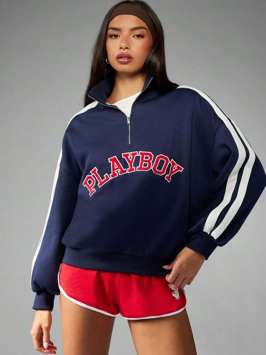 Missguided x Playboy Varsity Half Zip Funnel Neck Pullover Sweatshirt With Contrast Side Stripes And Logo Print - Blue - View 1