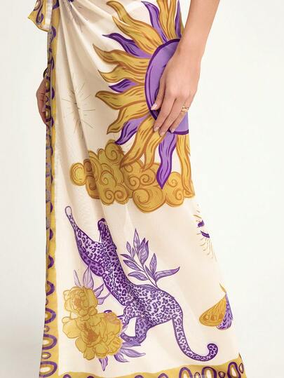 CAJUNI Women's Casual Vacation Starry Sky, Moon, Mythical Leopard, Mysterious Purple Print Scarf Wrap Skirt - Vacation - Elegant - Swimwear