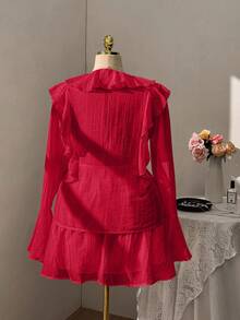 Sweetra Plus Size Ruffle Flare Sleeve Elegant Fashion Two Pieces Set - Red - View 4
