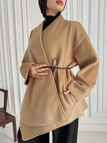 DAZY Stilvoller kurzer Mantel mit Gürtel und umkehrbarem Revers, dicker Winterjacke für Frauen in bescheidener Mode - Khaki - Übersicht 3