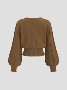 Sweetra Women's Loose Fit Burgundy Lantern Sleeve V-Neck Cardigan Knit Sweater, Minimalist & Sweet, Autumn/Winter