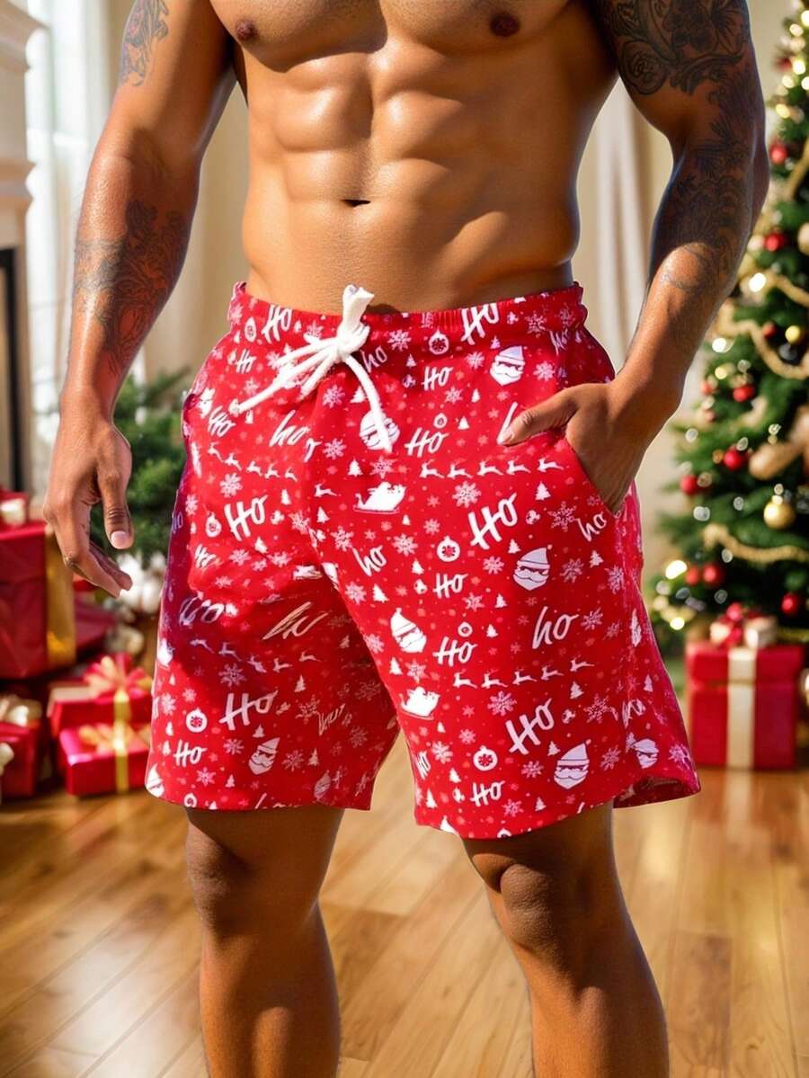 Manfinity Swimmode Men's Christmas Print Drawstring Waist Beach Shorts