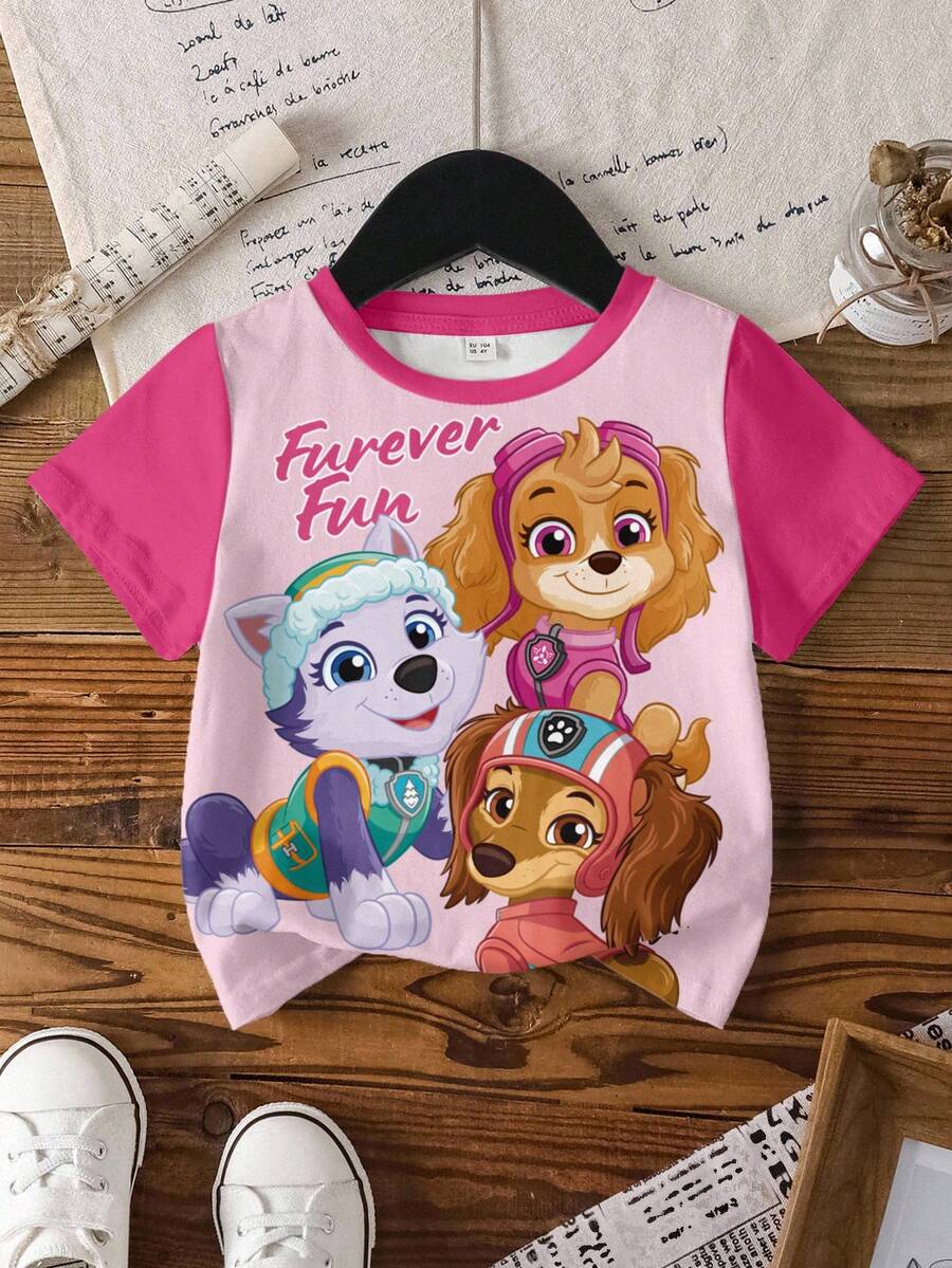 SHEIN | PAW Patrol 少女夏季拼色狗狗印花短袖T恤 - 白色 - 查看 1