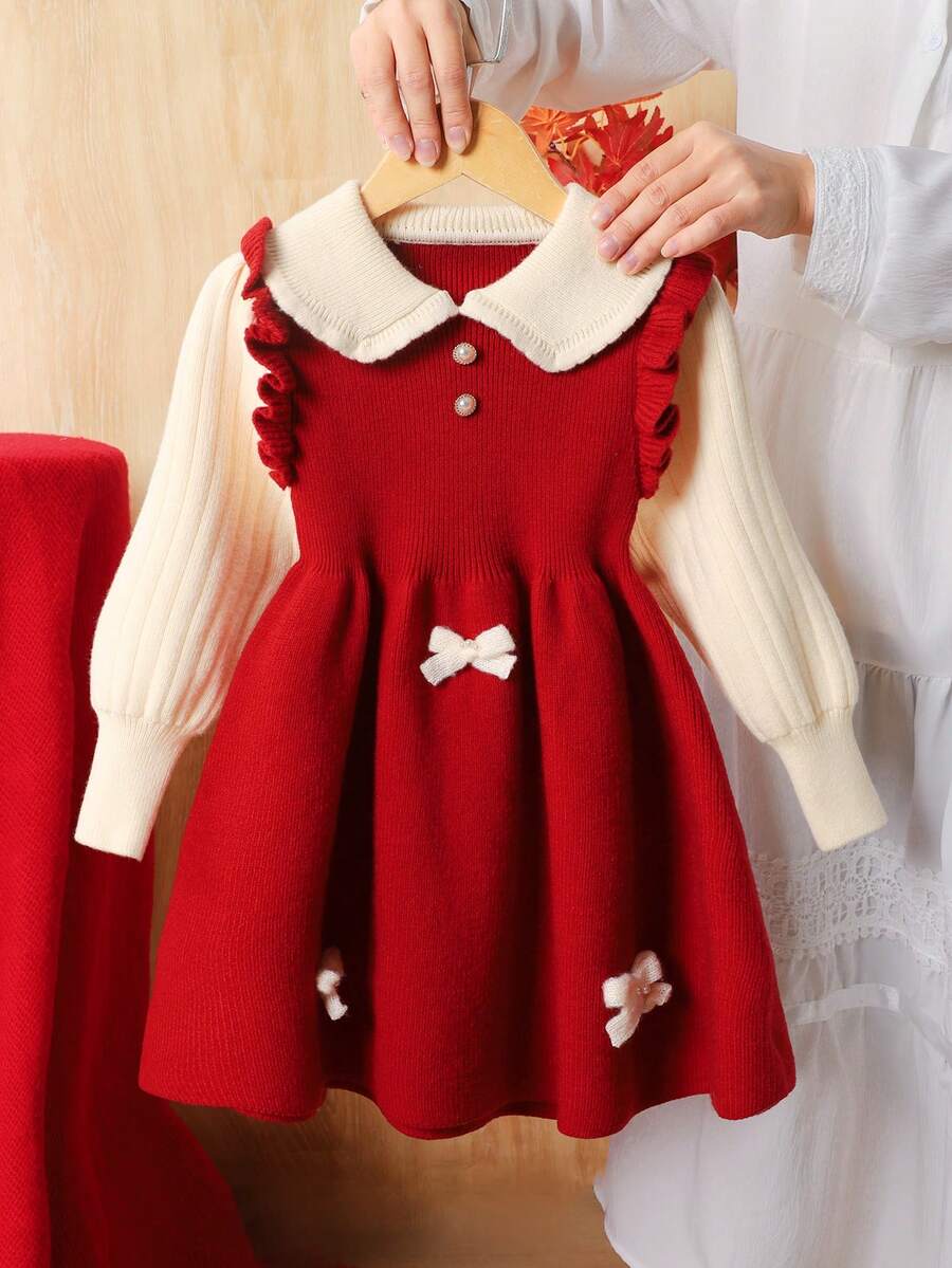 SHEIN 年轻女孩宽松休闲简约舒适彼得潘领拼色蝴蝶结装饰毛衣裙女秋冬装