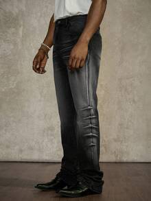 PAVTROS Men's Black Horseshoe Flared Leg Jeans Black Flared Jeans For Men Bootcut Stretch Black Street Rave For Y2K - Black - View 4