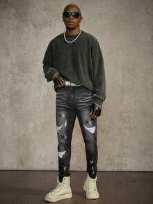 PAVTROS Men's Black & Grey Snowflake Embroidered Slim Fit Jeans - Black - View 5
