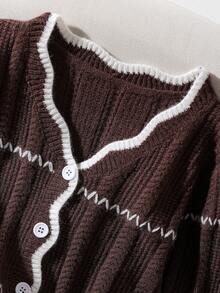 Genkimix Kids 青少年女孩时尚纹理 V 领开衫毛衣，棕色调长袖外套，秋冬季粗针织开襟毛衣 - 棕色 - 查看 3