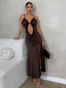 Glamine Vestido sin mangas de unicolor con parches de malla, plisado y hueco para mujer - Café - Ver 4