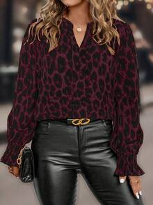 秋季大码女式印花休闲梭织衬衫 - 中紫紅色 - 查看 1