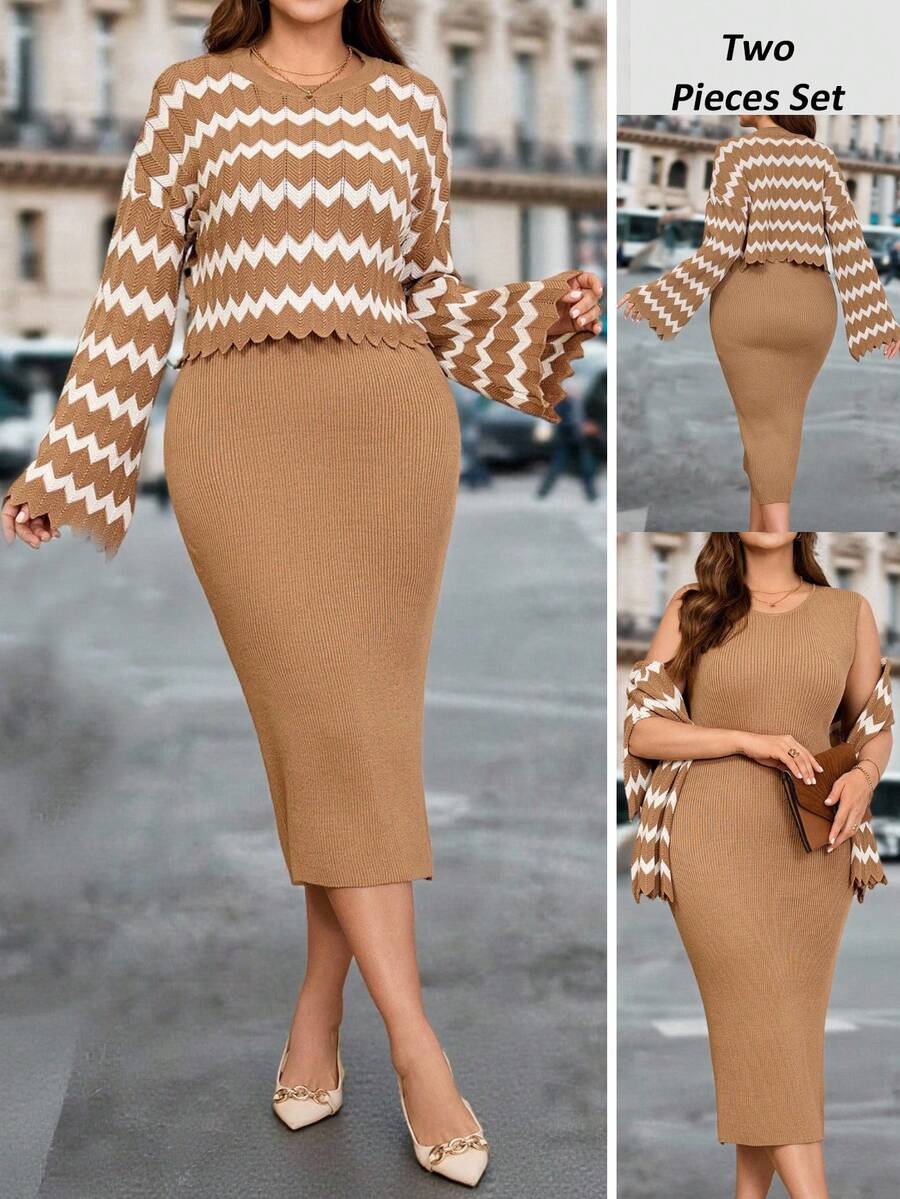 EMERY ROSE Plus Size Women Elegant Contrast Color Zigzag Pattern Flare Sleeve Pullover Sweater And Fitted Sweater Dress Set, Autumn/Winter 2 Piece Lounge Sets Women Knit Sets,Winter Dresses For Women,Women's Winter Sweater ,Elegant  Party Outfit Cozy Fall And Winter Clothes For Women New Year Look Maija Fall Winter 2025 Fall/Winter Party Elegant Dress Women Elegant Dress Women - Khaki - View 1