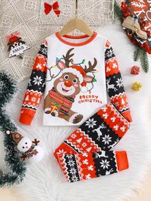 男童圣诞驯鹿印花圆领长袖上衣搭配圣诞图案修身睡裤两件套睡衣，圣诞主题，时尚修身睡衣 - 紅白色 - 查看 3