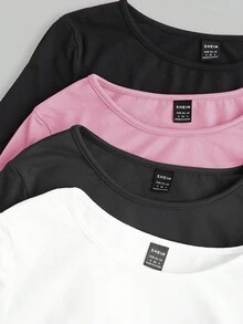 SHEIN EZwear 休闲百搭多色针织女式修身T恤多件装上衣纯色上衣女式长袖上衣紧身上衣，秋季，女士秋装长袖上衣 - 粉色 - 查看 7