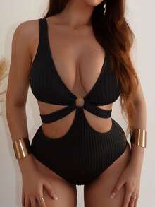 SHEIN Swim Summer Beach Women's One Piece Swimsuit With Hollow Out Waist Design - Black - View 5