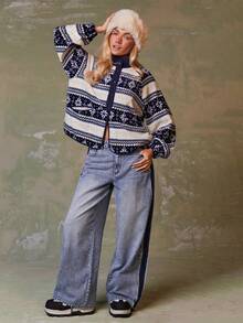 Athîral 女士休闲毛绒印花常规外套圣诞节圣诞夹克圣诞图案蓝色图案秋冬装 - 藍白色 - 查看 6