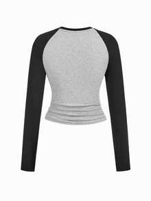 INAWLY Y2K 插肩袖马标志刺绣长款 T 恤 - 彩色 - 查看 2