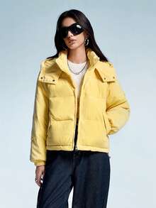 Aveloria GENKIRA 全新时尚简约设计纯色休闲女式连帽棉服外套 - 黃色 - 查看 5