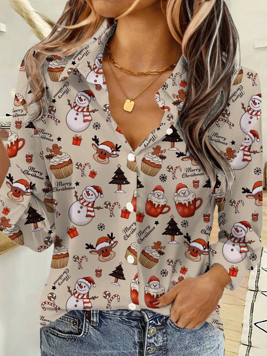 EMERY ROSE Áo sơ mi nữ họa tiết in đầy đủ hình ông già Noel, người tuyết, bông tuyết, quà tặng Giáng sinh, tuần lộc, phong cách tối giản giản dị màu nâu nhạt, thích hợp cho mùa thu/đông, tiệc Giáng sinh, tụ họp - Nhiều màu - Xem 1