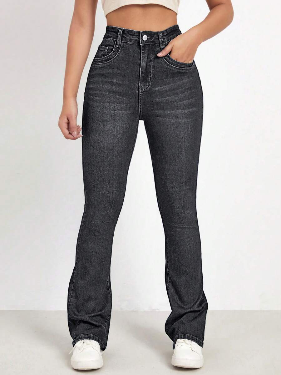 Flexra Washed Denim Blue High Waist Bleach Wash Flare Leg Jeans