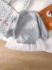 Elladie kids 女婴6个月-3岁休闲优雅卫衣连衣裙，下摆采用网纱设计和蕾丝蝴蝶结图案，舒适圆领长袖设计，适合秋冬春季穿着，舒适保暖，时尚休闲，适合返校、户外野餐、街拍、度假等场合，也是一份贴心的礼物。 - 淺灰色 - 查看 2