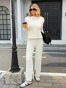 Chiquease 2 Stücke Damen elegantes V-Ausschnitt einfarbiges gestricktes Sweater-Top und Hosen Set - Aprikosenfarben - Übersicht 4