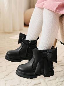 Cozy Pixies 1 双时尚百搭休闲大蝴蝶结款式耐用舒适平底系带婴儿踝靴，适合所有季节 - 黑色 - 查看 4