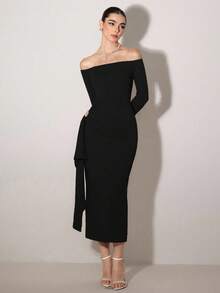 NOVVYNE 1pc Women's Off-Shoulder Metal Buckle Midi Dress - Black - View 3