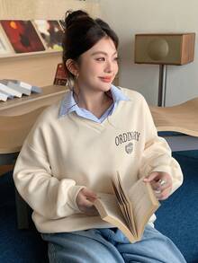 Dazy Plus Contrast Color Patchwork Shirt Collar Casual Letter Graphic Plus Size Sweatshirt For Women, Thermal Lined, Autumn/Winter - Apricot - View 6