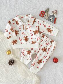 Playful Pals Set di top a maniche lunghe e pantaloni per neonato maschio, con colletto, chiusura lampo anteriore, stampa carina su polsini e orlo, vita elastica, adatto per autunno/inverno - Bianco - Visualizzare 6